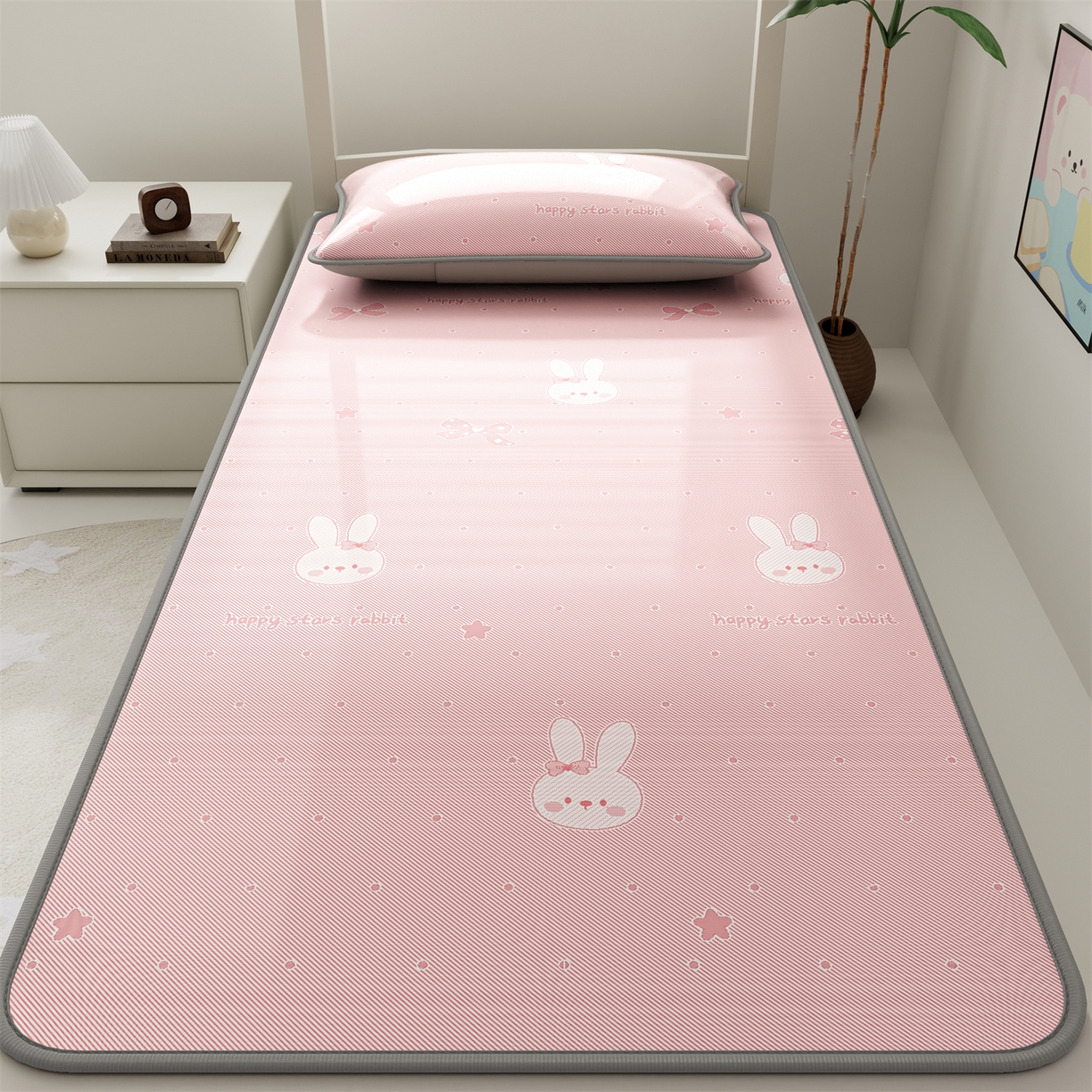 91家纺网 家纺一手货源 找家纺 源舍家纺 2026新款国标质检三明治复合糯叽叽冰丝软凉席学生床 冰丝兔-粉