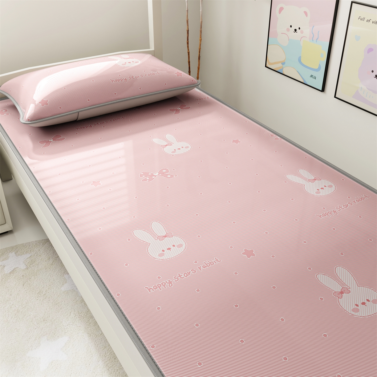 91家纺网 家纺一手货源 找家纺 源舍家纺 2026新款国标质检三明治复合糯叽叽冰丝软凉席学生床 冰丝兔-粉