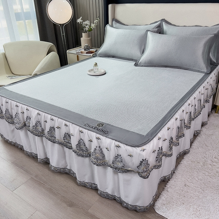 91家纺网 家纺一手货源 找家纺 印季家纺 2026新款纯色加密冰藤床裙款席子凉席 灰色