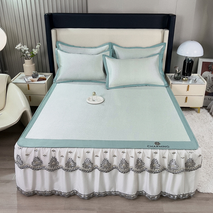 91家纺网 家纺一手货源 找家纺 印季家纺 2026新款纯色加密冰藤床裙款席子凉席 水绿