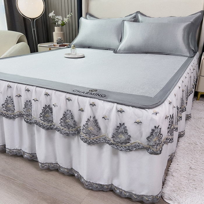 91家纺网 家纺一手货源 找家纺 印季家纺 2026新款纯色加密冰藤床裙款席子凉席 灰色