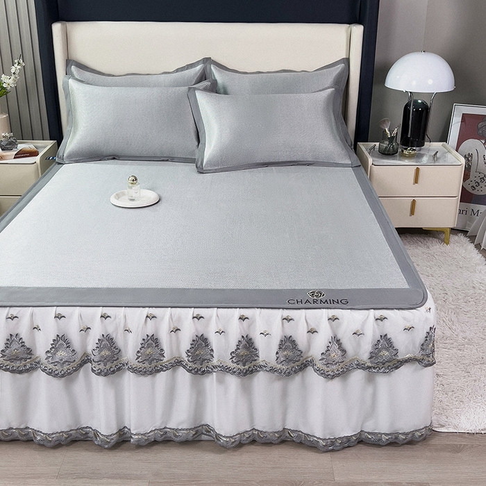 91家纺网 家纺一手货源 找家纺 印季家纺 2026新款纯色加密冰藤床裙款席子凉席 灰色