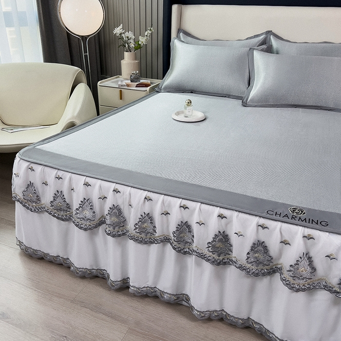 91家纺网 家纺一手货源 找家纺 印季家纺 2026新款纯色加密冰藤床裙款席子凉席 灰色