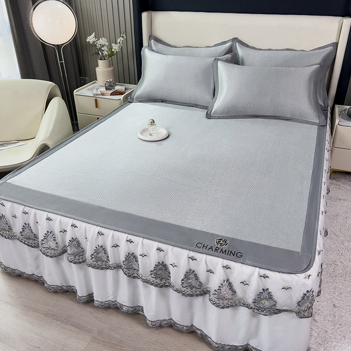 91家纺网 家纺一手货源 找家纺 印季家纺 2026新款纯色加密冰藤床裙款席子凉席 灰色