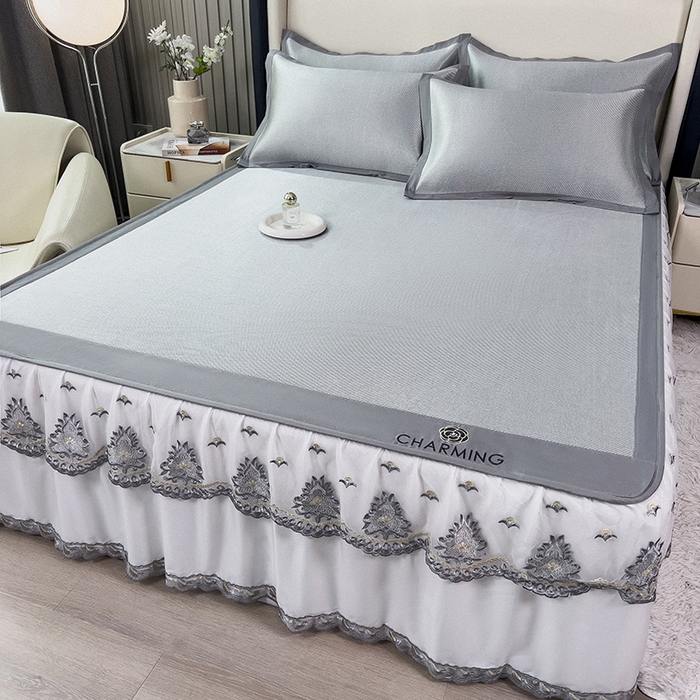 91家纺网 家纺一手货源 找家纺 印季家纺 2026新款纯色加密冰藤床裙款席子凉席 灰色