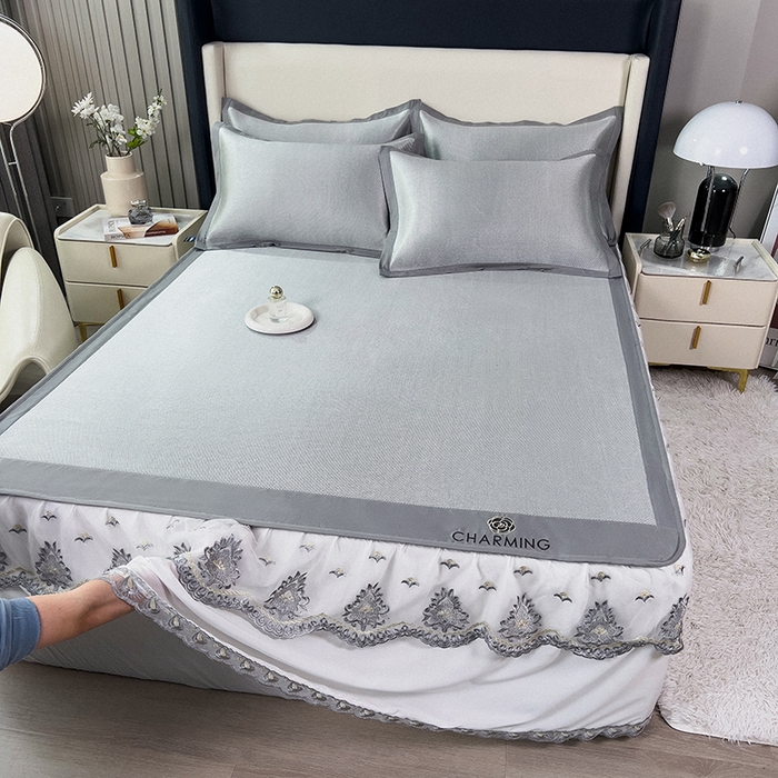 91家纺网 家纺一手货源 找家纺 印季家纺 2026新款纯色加密冰藤床裙款席子凉席 灰色