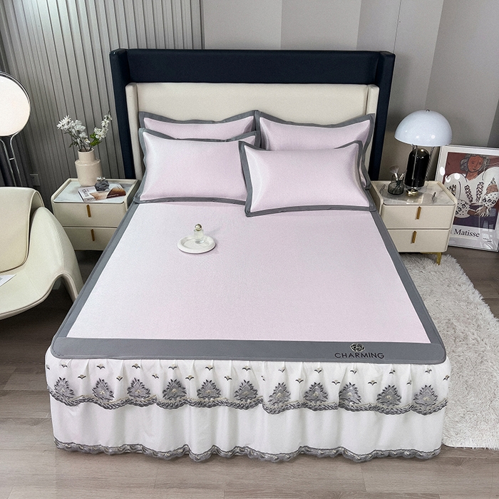 印季家纺 2026新款纯色加密冰藤床裙款席子凉席 粉色