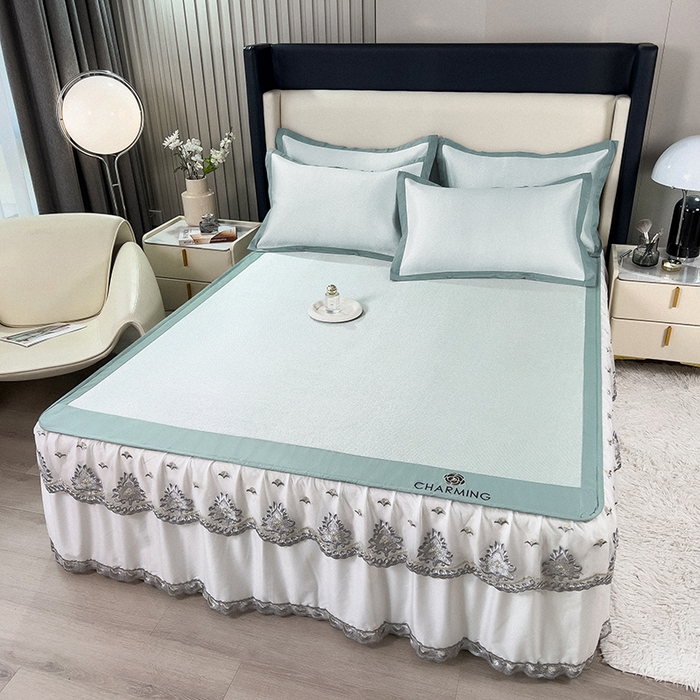 91家纺网 家纺一手货源 找家纺 印季家纺 2026新款纯色加密冰藤床裙款席子凉席 水绿