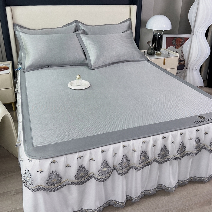 91家纺网 家纺一手货源 找家纺 印季家纺 2026新款纯色加密冰藤床裙款席子凉席 灰色