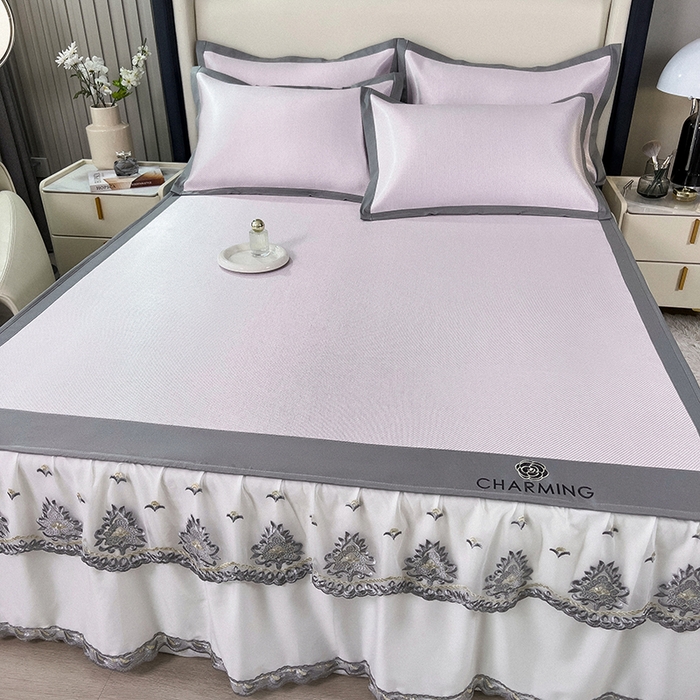 91家纺网 家纺一手货源 找家纺 印季家纺 2026新款纯色加密冰藤床裙款席子凉席 粉色