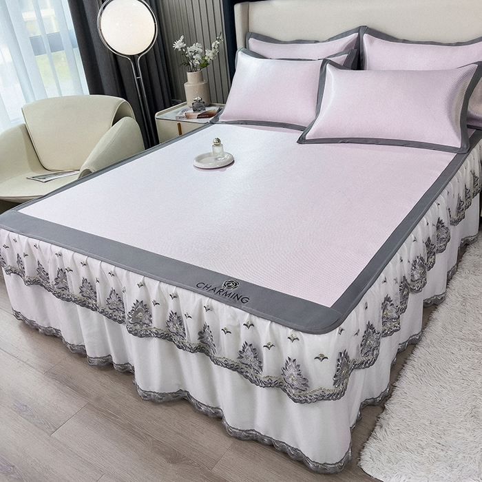 91家纺网 家纺一手货源 找家纺 印季家纺 2026新款纯色加密冰藤床裙款席子凉席 粉色