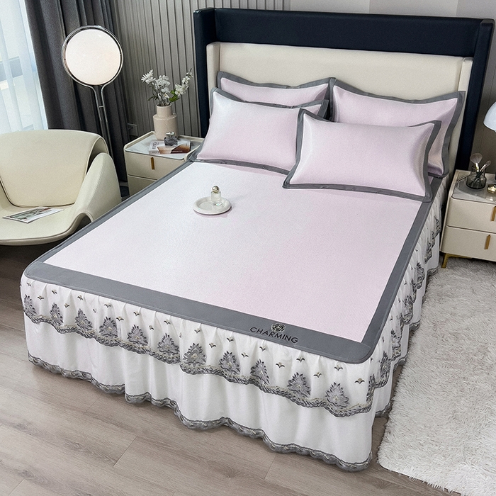 91家纺网 家纺一手货源 找家纺 印季家纺 2026新款纯色加密冰藤床裙款席子凉席 粉色