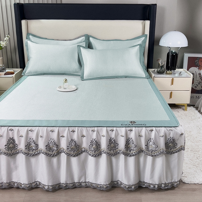 91家纺网 家纺一手货源 找家纺 印季家纺 2026新款纯色加密冰藤床裙款席子凉席 水绿