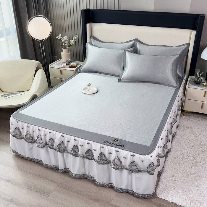 91家纺网 家纺一手货源 找家纺 印季家纺 2026新款纯色加密冰藤床裙款席子凉席 灰色