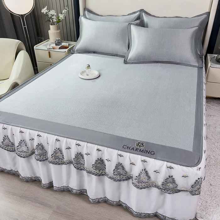 91家纺网 家纺一手货源 找家纺 印季家纺 2026新款纯色加密冰藤床裙款席子凉席 灰色