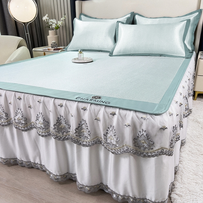 91家纺网 家纺一手货源 找家纺 印季家纺 2026新款纯色加密冰藤床裙款席子凉席 水绿