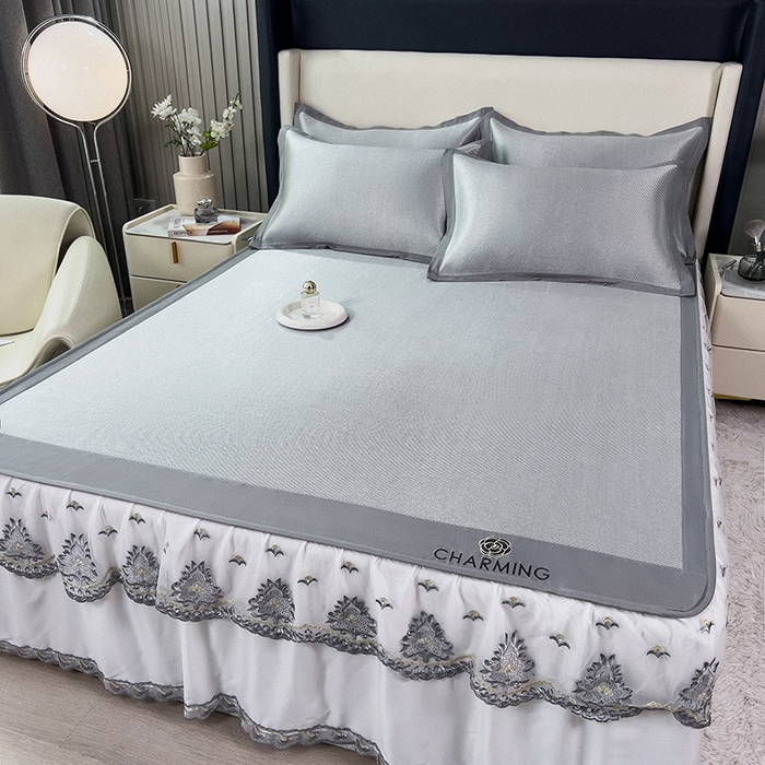 91家纺网 家纺一手货源 找家纺 印季家纺 2026新款纯色加密冰藤床裙款席子凉席 灰色