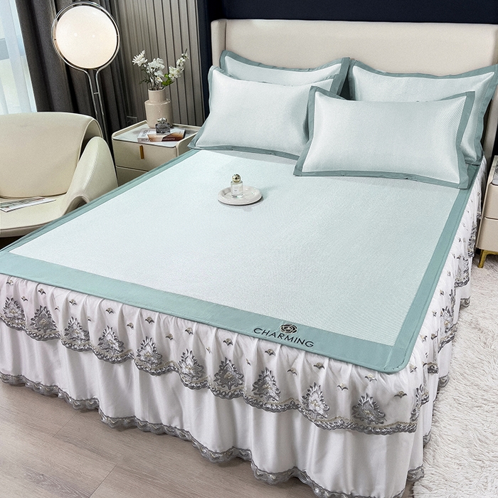 91家纺网 家纺一手货源 找家纺 印季家纺 2026新款纯色加密冰藤床裙款席子凉席 水绿