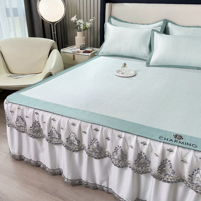 91家纺网 家纺一手货源 找家纺 印季家纺 2026新款纯色加密冰藤床裙款席子凉席 水绿