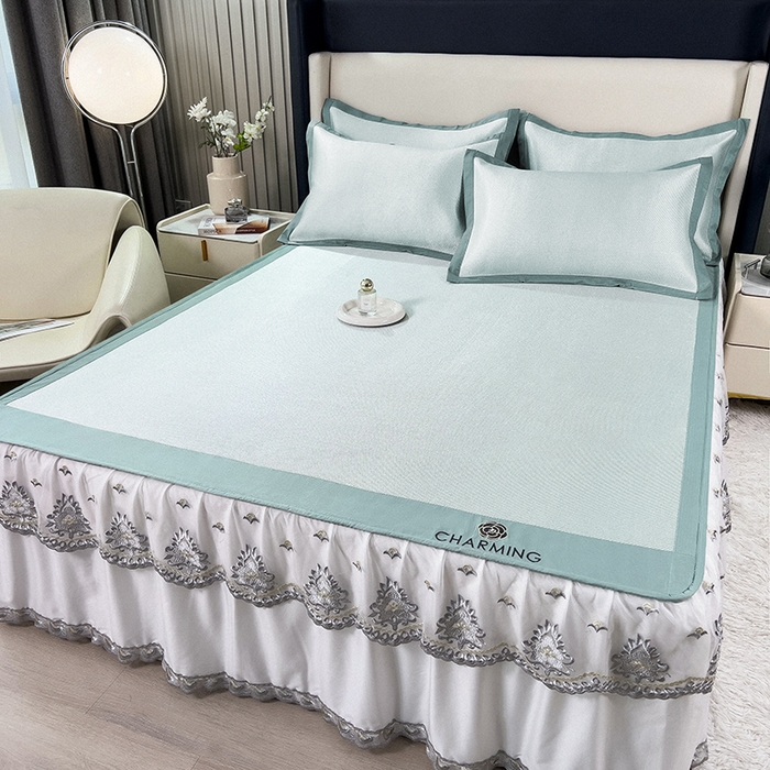 91家纺网 家纺一手货源 找家纺 印季家纺 2026新款纯色加密冰藤床裙款席子凉席 水绿