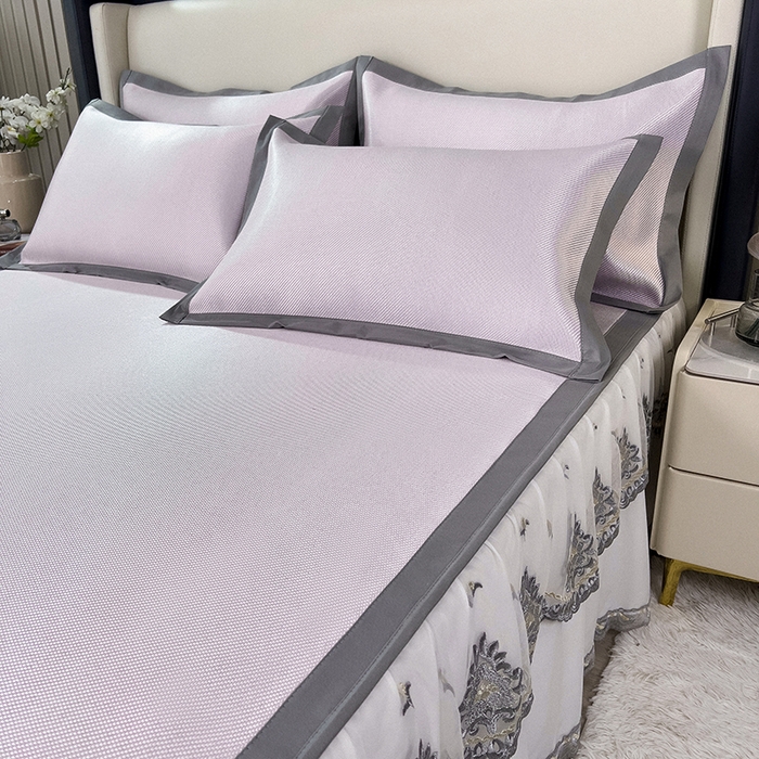 91家纺网 家纺一手货源 找家纺 印季家纺 2026新款纯色加密冰藤床裙款席子凉席 粉色