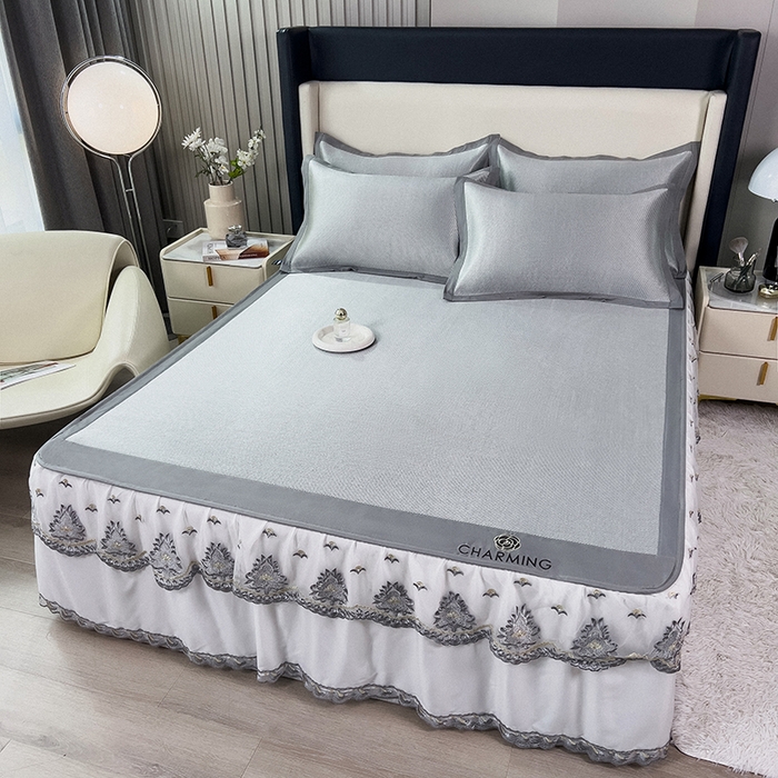 91家纺网 家纺一手货源 找家纺 印季家纺 2026新款纯色加密冰藤床裙款席子凉席 灰色