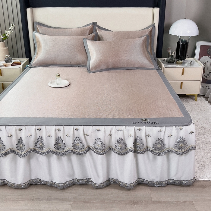 91家纺网 家纺一手货源 找家纺 印季家纺 2026新款纯色加密冰藤床裙款席子凉席 咖啡