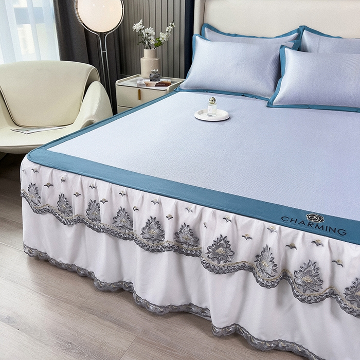 91家纺网 家纺一手货源 找家纺 印季家纺 2026新款纯色加密冰藤床裙款席子凉席 天蓝