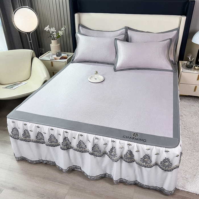 91家纺网 家纺一手货源 找家纺 印季家纺 2026新款纯色加密冰藤床裙款席子凉席 浅紫