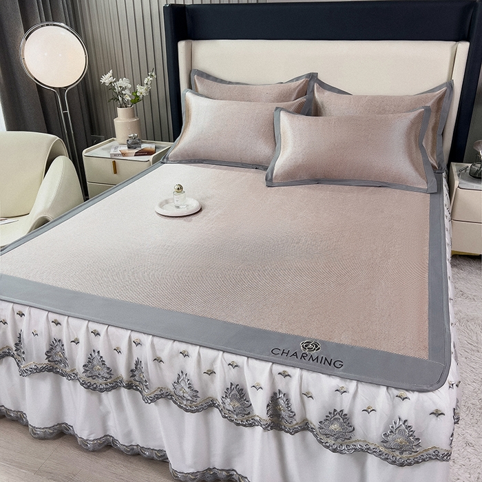 91家纺网 家纺一手货源 找家纺 印季家纺 2026新款纯色加密冰藤床裙款席子凉席 咖啡