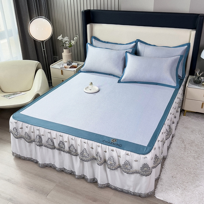 91家纺网 家纺一手货源 找家纺 印季家纺 2026新款纯色加密冰藤床裙款席子凉席 天蓝