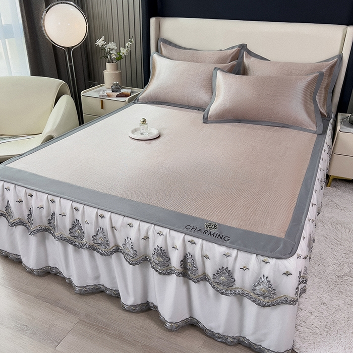 91家纺网 家纺一手货源 找家纺 印季家纺 2026新款纯色加密冰藤床裙款席子凉席 咖啡