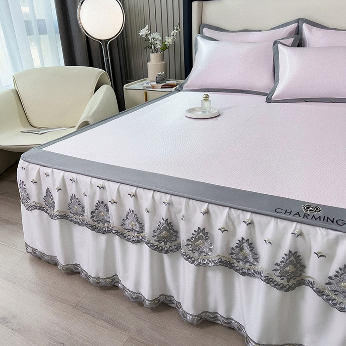 91家纺网 家纺一手货源 找家纺 印季家纺 2026新款纯色加密冰藤床裙款席子凉席 粉色