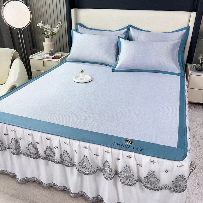 91家纺网 家纺一手货源 找家纺 印季家纺 2026新款纯色加密冰藤床裙款席子凉席 天蓝