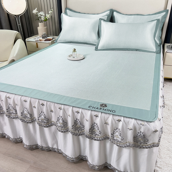 91家纺网 家纺一手货源 找家纺 印季家纺 2026新款纯色加密冰藤床裙款席子凉席 水绿