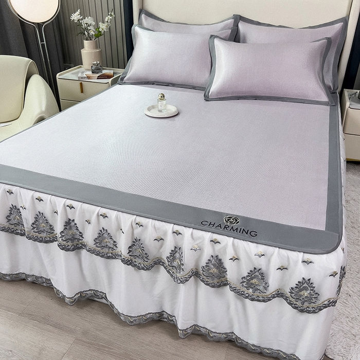 91家纺网 家纺一手货源 找家纺 印季家纺 2026新款纯色加密冰藤床裙款席子凉席 浅紫