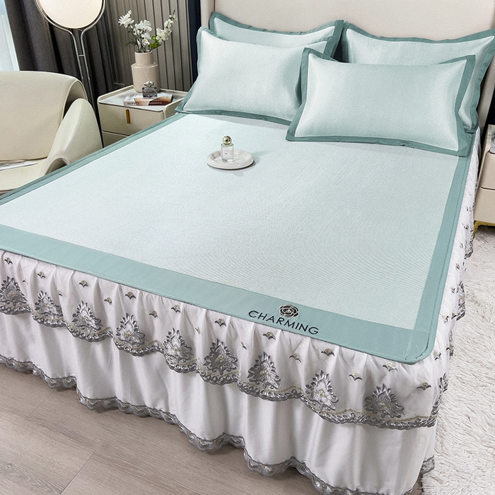 91家纺网 家纺一手货源 找家纺 印季家纺 2026新款纯色加密冰藤床裙款席子凉席 水绿