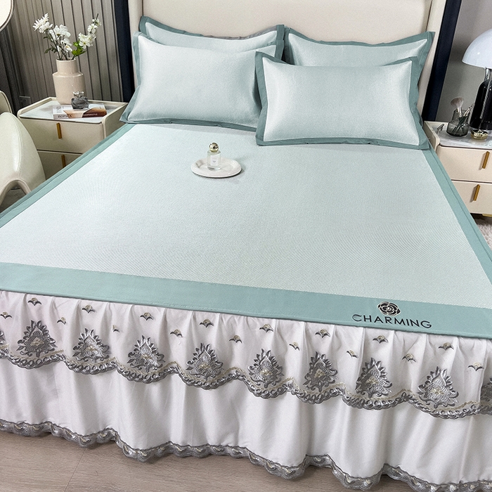 91家纺网 家纺一手货源 找家纺 印季家纺 2026新款纯色加密冰藤床裙款席子凉席 水绿