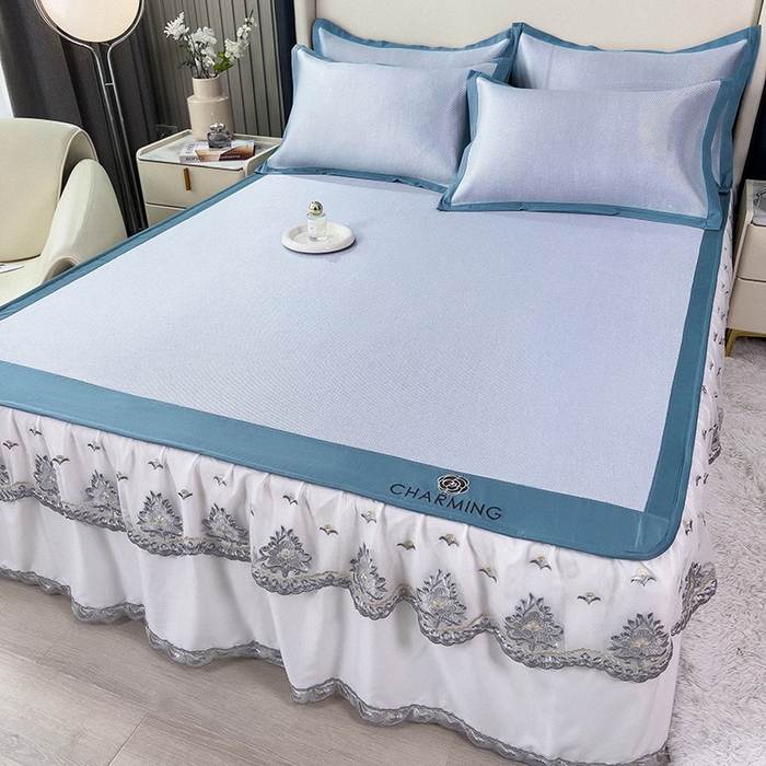 91家纺网 家纺一手货源 找家纺 印季家纺 2026新款纯色加密冰藤床裙款席子凉席 天蓝