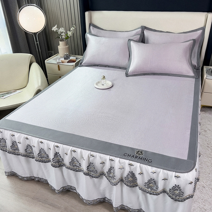 91家纺网 家纺一手货源 找家纺 印季家纺 2026新款纯色加密冰藤床裙款席子凉席 浅紫