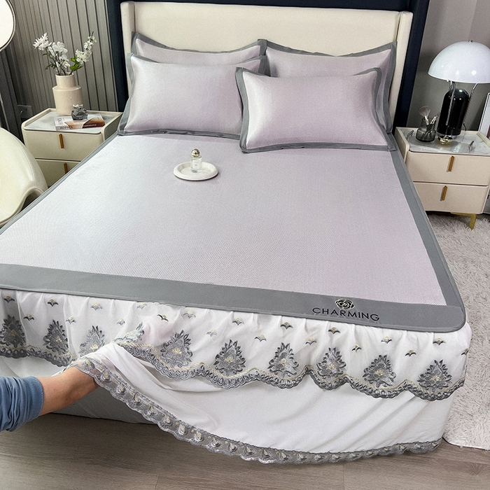 91家纺网 家纺一手货源 找家纺 印季家纺 2026新款纯色加密冰藤床裙款席子凉席 浅紫