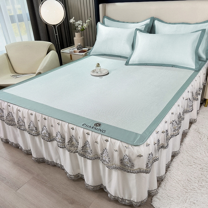 91家纺网 家纺一手货源 找家纺 印季家纺 2026新款纯色加密冰藤床裙款席子凉席 水绿