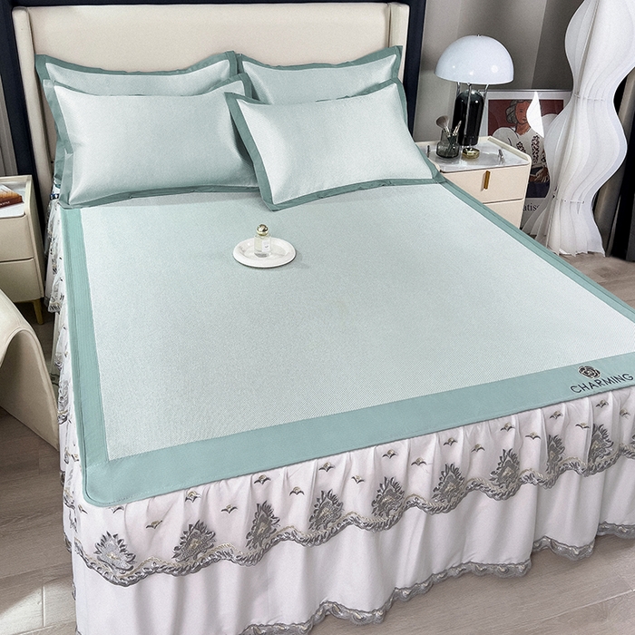 91家纺网 家纺一手货源 找家纺 印季家纺 2026新款纯色加密冰藤床裙款席子凉席 水绿