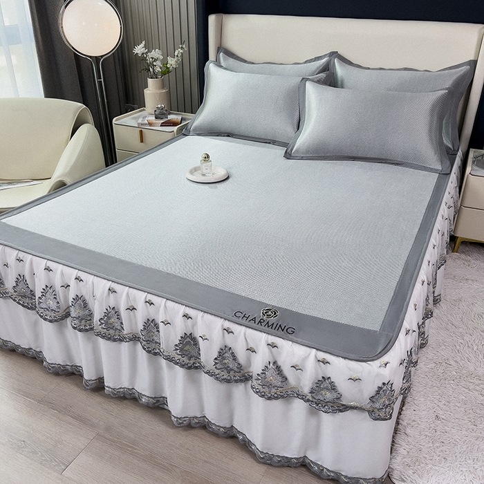 91家纺网 家纺一手货源 找家纺 印季家纺 2026新款纯色加密冰藤床裙款席子凉席 灰色