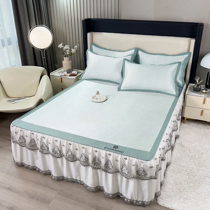 91家纺网 家纺一手货源 找家纺 印季家纺 2026新款纯色加密冰藤床裙款席子凉席 水绿