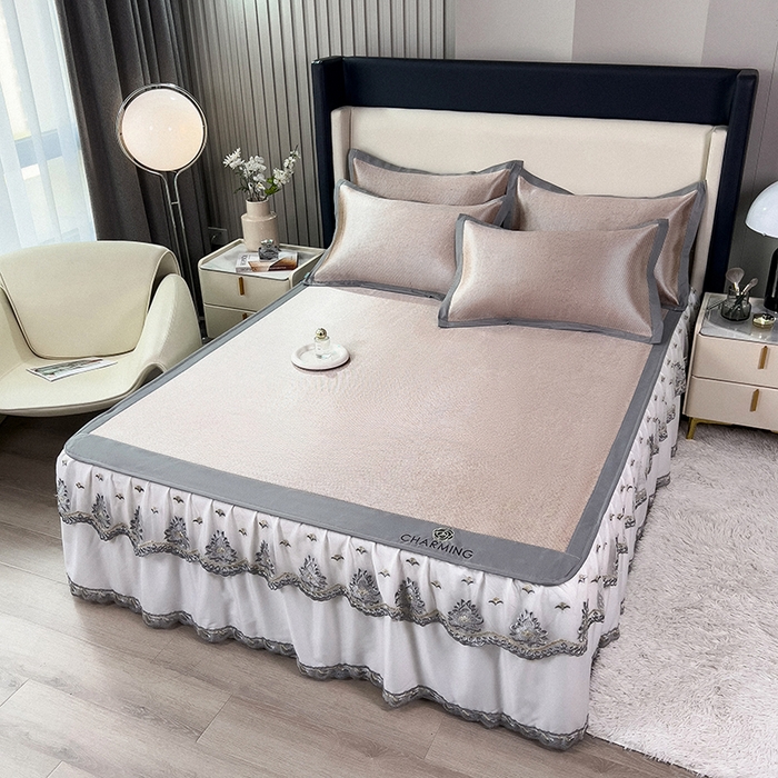 91家纺网 家纺一手货源 找家纺 印季家纺 2026新款纯色加密冰藤床裙款席子凉席 咖啡