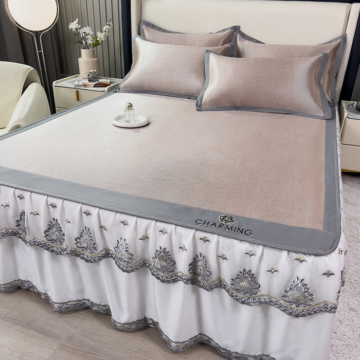 91家纺网 家纺一手货源 找家纺 印季家纺 2026新款纯色加密冰藤床裙款席子凉席 咖啡