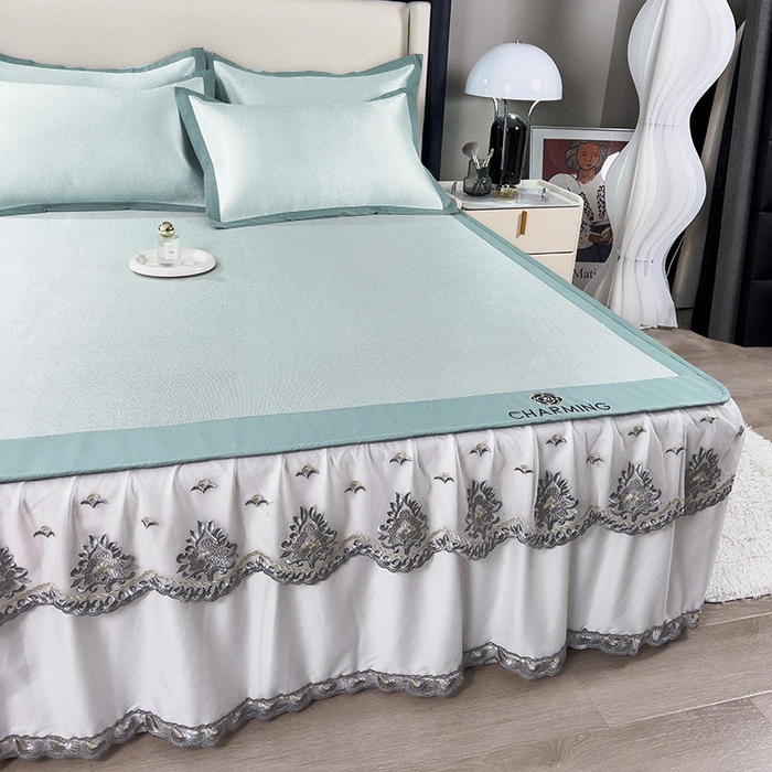 91家纺网 家纺一手货源 找家纺 印季家纺 2026新款纯色加密冰藤床裙款席子凉席 水绿