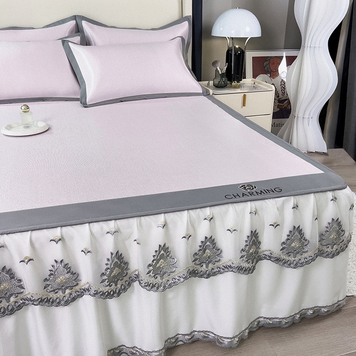 91家纺网 家纺一手货源 找家纺 印季家纺 2026新款纯色加密冰藤床裙款席子凉席 粉色