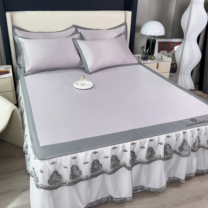 91家纺网 家纺一手货源 找家纺 印季家纺 2026新款纯色加密冰藤床裙款席子凉席 浅紫